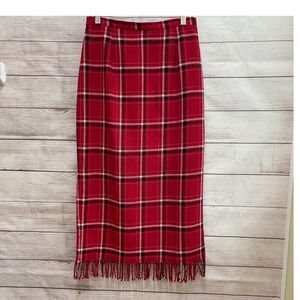VINTAGE NOUVEAUX WOOL BLEND‎ FRINGE MAXI SKIRT IN RED PLAID